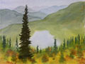 Watercolor landscape painting showing mountains lakes and trees.