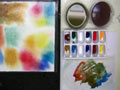 A setup demontrating watercolor paints in a color wheel..