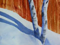Watercolor painting showing aspen trees in the snow with a forest in the background.