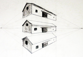 Drawing demonstrating the drawing technique of three point perspective.